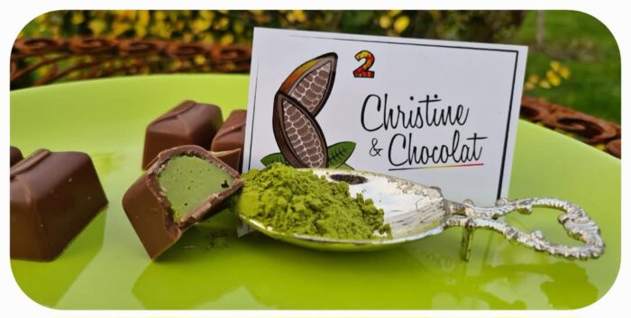 Thé matcha, enrobage chocolat au lait - Christine & Chocolat